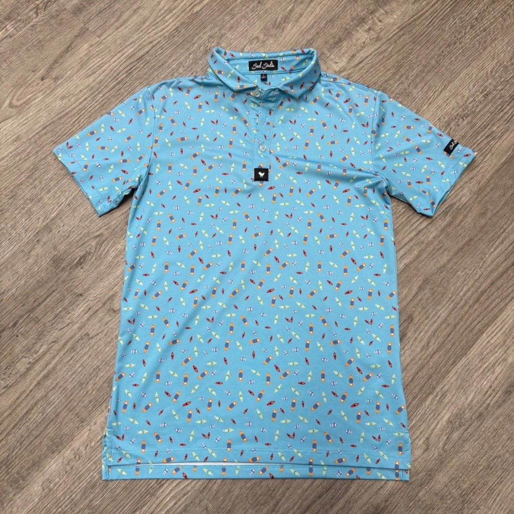 Bad Birdie Kids Blue Surfboard Kayak Nautical Print Golf Polo Shirt  YOUTH Large